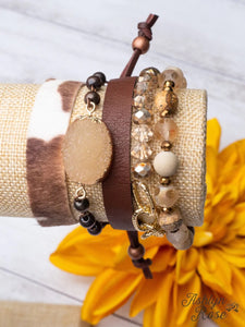 COUNTRY ROAD TAKE ME HOME BROWN COWHIDE MIXED BEADS BRACELET SET